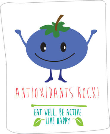 kawaii fruit cartoon fruit blueberry for web, internet or poster use as templates with the eat well, be active, live happy messageのイラスト素材