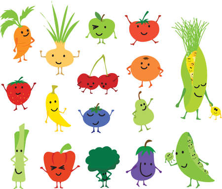 Cartoon vector kawaii cute and funny fruits and veg, characters isolated on white backgroundのイラスト素材