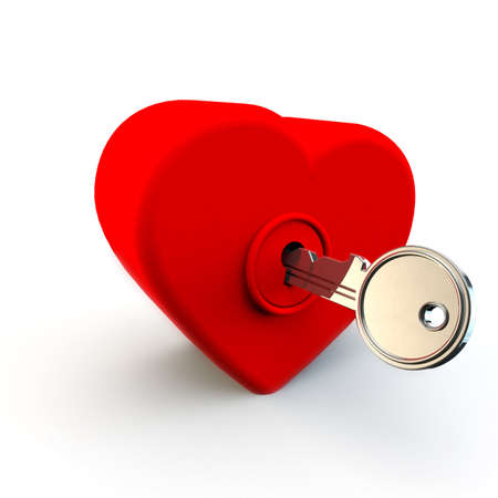 3d render of a key unlocking or locking a heart idea or concept on whiteの写真素材