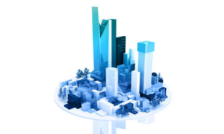 Skyline of a typical city as a 3d render concept isolated on a white backgroundの写真素材