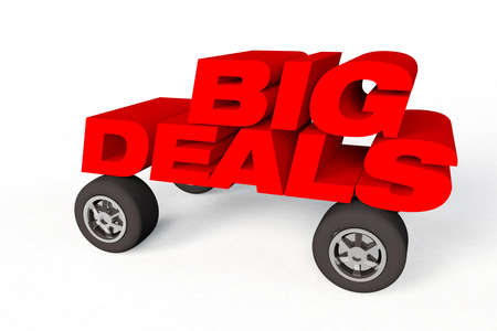 3d render concept of a car with big deals message on top on a white backgroundの写真素材
