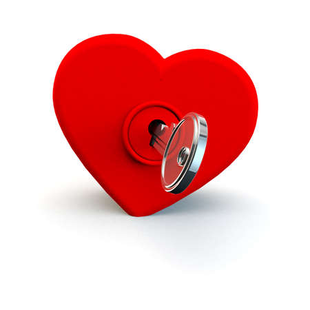 3d render of a key unlocking or locking a heart idea or concept on whiteの写真素材