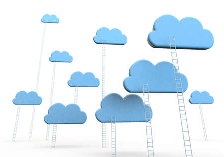 3d  render concepts oF clouds with ladders to show the challenge ahead on whiteの写真素材