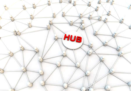 3d render of the word hub in a connection of networks on white backgroundの写真素材