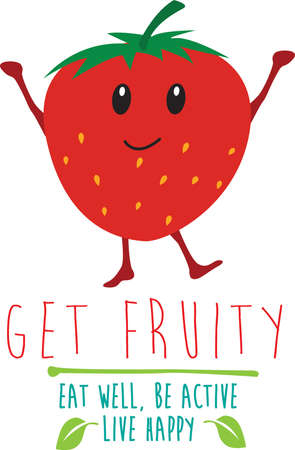 kawaii fruit cartoon fruit strawberry for web, internet or poster use as templates with the eat well, be active, live happy messageのイラスト素材