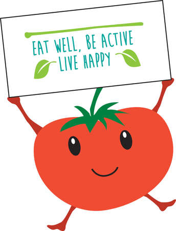 kawaii fruit cartoon fruit tomato for web, internet or poster use as templates with the eat well, be active, live happy messageのイラスト素材