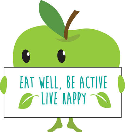 kawaii fruit cartoon fruit apple for web, internet or poster use as templates with the eat well, be active, live happy messageのイラスト素材
