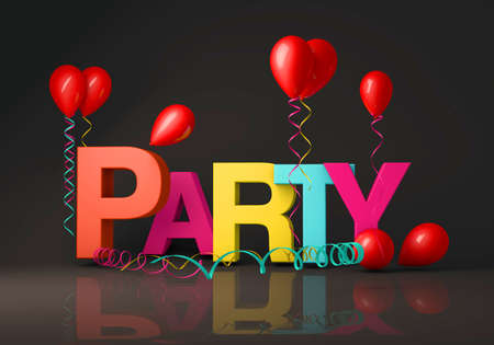 3d illustration render of the  word party in a bold font on a black backgroundの写真素材
