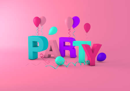 3d render concept of the word party cut out on a pink background with balloons and streamersの写真素材