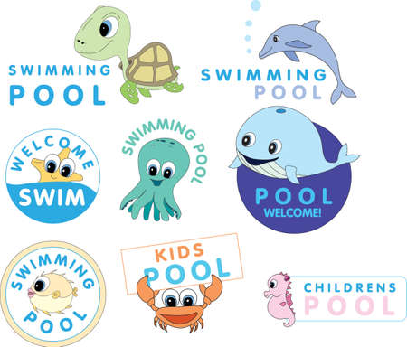 vector illustration oa set of sea creatures and fish graphic elements for swimming poolsのイラスト素材