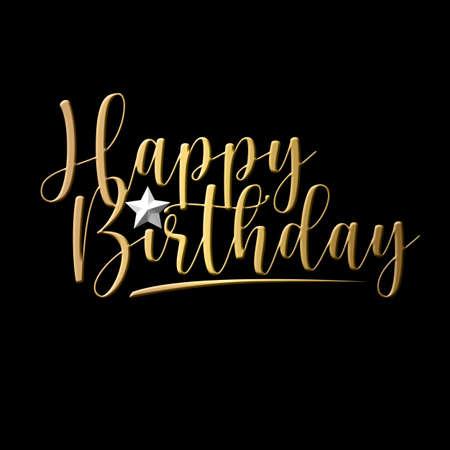 happy birthday gold calligraphy script lettering with a white star on a black backgroundの写真素材