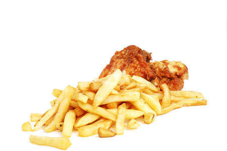 take out or takeaway fried chicken and chips isolated on a white backgroundの写真素材