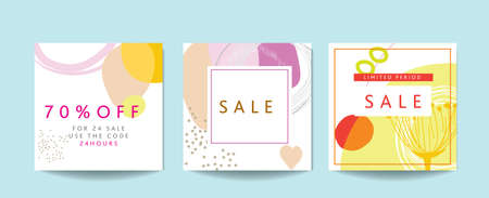 Brightly coloured abstract floral based scandinavian art square templates with floral and geometric elements. Suitable for social media posts, mobile apps, banners design and web/internet ads as well as cards, invites and posters.のイラスト素材