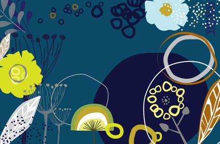 Retro modern abstract floral based scandinavian abstract art collection of different floral and abstract elements in a retro vintage fold style reminiscent of the 1970s.のイラスト素材