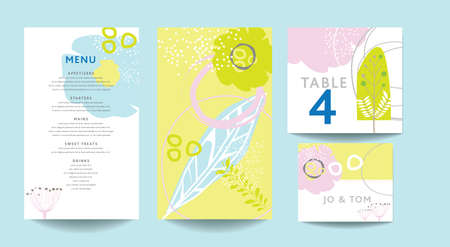 Modern abstract floral based scandinavian abstract art inspired menu, templates, place cards and table numbers with floral and geometric elements.のイラスト素材