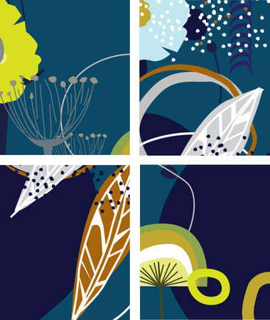 Retro modern abstract floral based scandinavian abstract art collection of different floral and abstract elements in a retro vintage fold style reminiscent of the 1970s.のイラスト素材