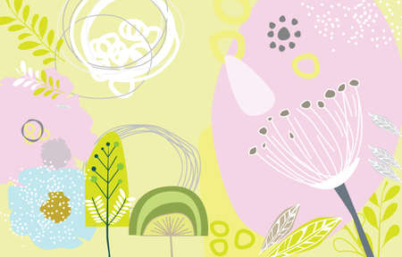 Retro modern abstract floral based scandinavian abstract art collection of different floral and abstract elements in a retro vintage fold style reminiscent of the 1970s.のイラスト素材