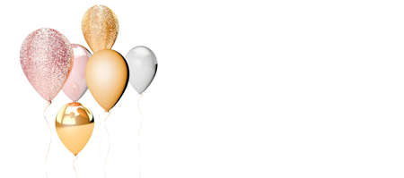 3d render of a pink, silver, gold and white metallic and sparkly glitter party balloons on a white backgorundの写真素材