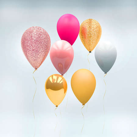 3d render of a pink, silver, gold and white metallic and sparkly glitter party balloons on a white and grey gradient backgroundの写真素材