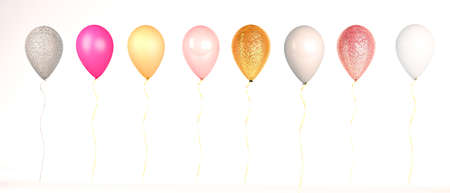 3d render of a pink, silver, gold and white metallic and sparkly glitter party balloonsの写真素材