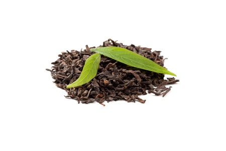 Pu-erh tea and fresh tea leavesの写真素材