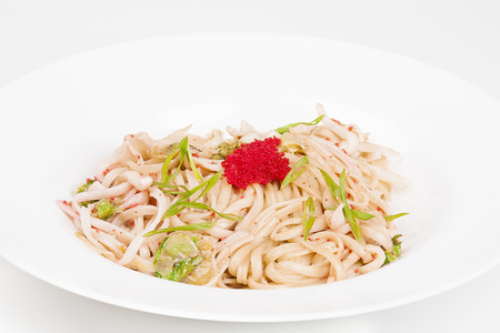 The udon needle with caviar and shrimpsの写真素材