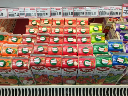 Bangkok, Thailand - JULY 08, 2016 : Many types of fruit juice ready for sale in the supermarket Shelf.のeditorial素材