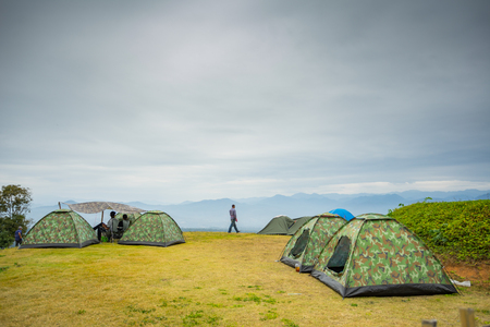 Camping tent on the mountain at Pai, Thailandの写真素材