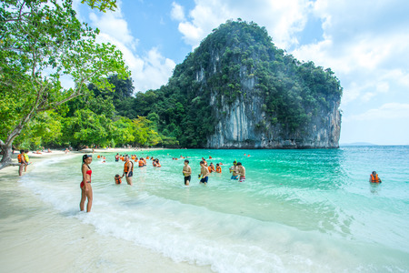 KRABI THAILAND 3 FEB 2018: Many people swimming and relaxing at Railay Island in Krabi Province Thailand. Phi Phi is part of Mu Ko Phi Phi National Parkのeditorial素材