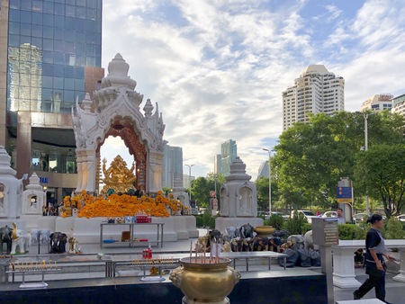 Bangkok Thailand - 07 Sep 2019: Golden elephant god statue of the Ganesha shrine at Ratchaprasong area in Bangkok capital city,Thailand.のeditorial素材
