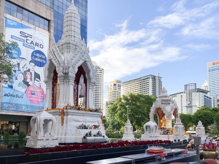 Bangkok Thailand - 07 Sep 2019: Golden elephant god statue of the Ganesha shrine at Ratchaprasong area in Bangkok capital city,Thailandのeditorial素材