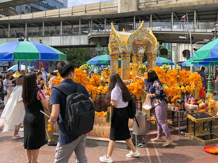 Bangkok Thailand - 07 Sep 2019: Many people pray respect the famous Erawan shrine at Ratchaprasong Junction in Bangkok capital city,Thailand.のeditorial素材