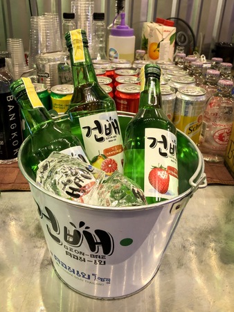 Bangkok, Thailand - 24 Oct 2019: Soju is traditional Korean drink made of rice, Wheat or barley. It is a popular alcoholic beverage served in many restaurants in Koreのeditorial素材