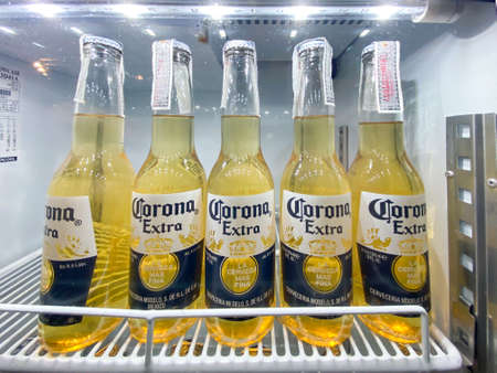 Bangkok Thailand - 3 Oct 2020: Corona Extra beer on shelves in a supermarket. Corona Extra is a pale lager produced by CervecerÃ­a Modelo in Mexicoのeditorial素材