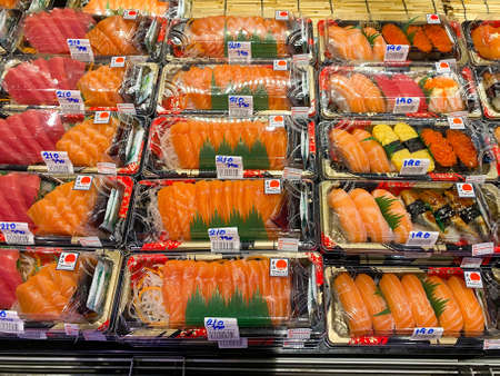 Bangkok Thailand - 2 Nov 2020: Many packs of Japanese food in the food container on the shelf for sale in the Tops supermarket in Central Bangnaのeditorial素材