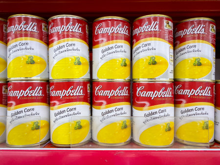 Bangkok Thailand - 11 May 2021: A lot of corn soup can on the shelf for sale in the Big C supermarket Bangna branchのeditorial素材