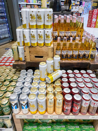 Bangkok Thailand - 21 Mar 2022: Many type of beer in the alcohol zone in Top supermarket Bangna branchのeditorial素材