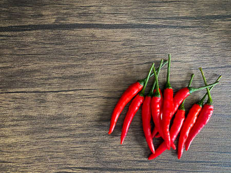 Fresh red chili and space for text on wooden backgroundの写真素材
