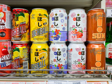 Bangkok Thailand - 11 Jan 2023: Many cans of whisky with price tags on shelves for sale in the Foodland supermarketのeditorial素材