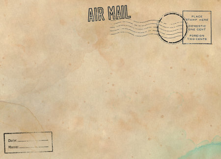 Backside of blank airmail postcard with dirty stainの写真素材