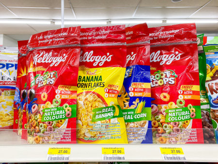 Bangkok Thailand - 20 March 2023: Many flavors of Kellogg's Corn Flakes on the shelf for sale in the...