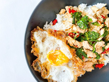 Rice topped Chicken with Thai basil and fried eggの写真素材