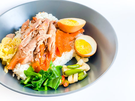 Braised pork leg with steamed rice ready to eatの写真素材
