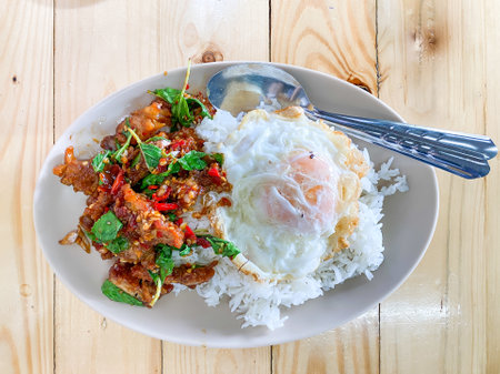 Rice topped with crispy pork belly with Thai basil and fried eggの写真素材