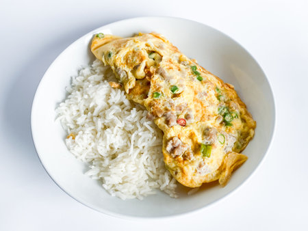 Omelet with pork and chili on rice on  the white backgroundの写真素材