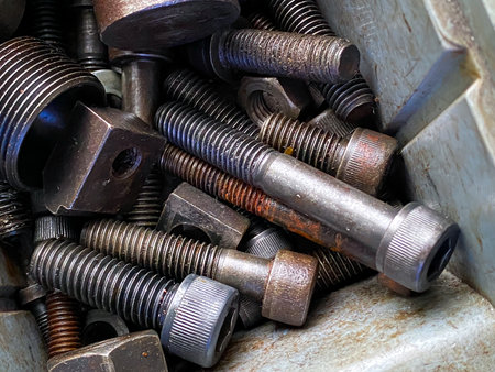 Detail of different metallic bolts and nuts in the toolbox