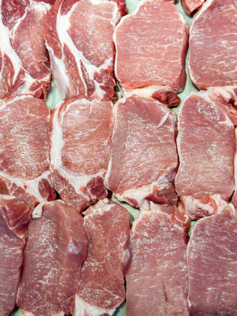 Sliced pork in the tray for sale in the marketの写真素材