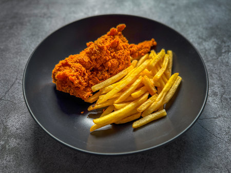 Spicy fired chicken wing and french fries ready to eatの写真素材