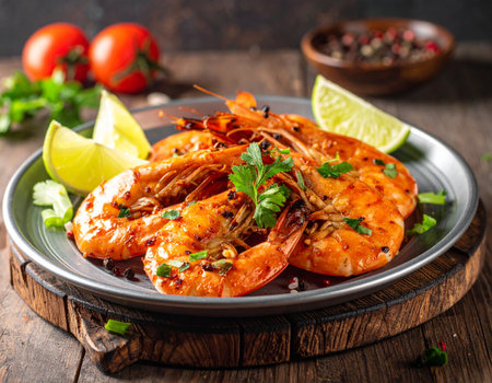 shrimp grilled on the steel plate with limeの素材