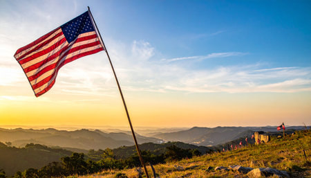 American flags against a white wooden background in Veterans Dayの素材